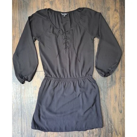 Express Dress Small Black Sheer Top Lined Pockets Elastic Waist Lace Up V-Neck - Picture 1 of 10
